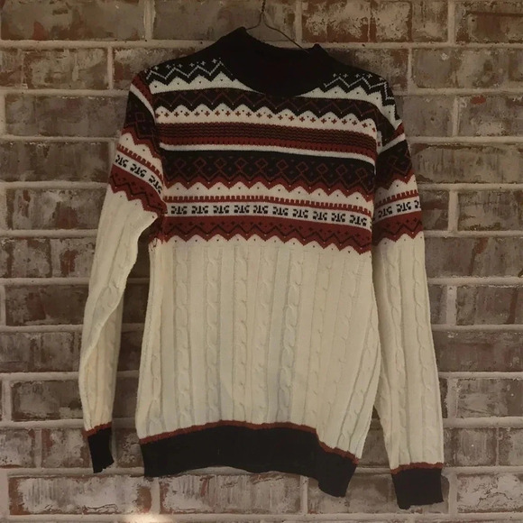Thane Vintage Cable Patterned Stripes Crew Neck Ski Sweater - Picture 1 of 4